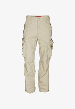 Pantalones cargo beige hechos de algodón con múltiples bolsillos, cierres de cremallera y a presión, yrodillas reforzadas para mayor durabilidad.