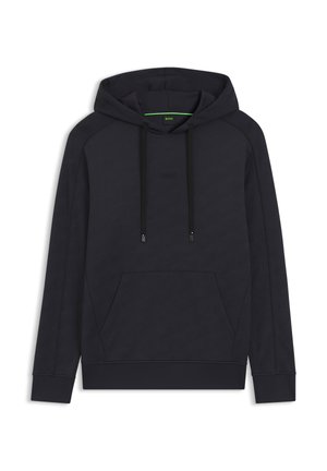 Sweatshirt à capuche en bleu marine foncé avec un motif texturé, poche kangourou sur le devant et garniture intérieure de capuche verte en contraste. Cordon de serrage ajustable inclus.