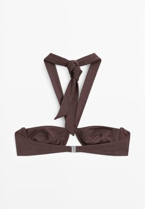 Brown textured bikini top with halter straps tied in a knot and a silver clasp at the back, laid flat on a white background.