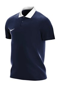 Dunkelblaues Polohemd mit einem weißen gerippten Kragen, kurzen Ärmeln und einem kleinen Nike-Logo auf der linken Seite. Glattes Gewebe und klassisches Design.