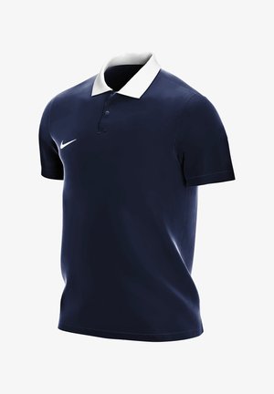 Navy blue polo shirt with a white ribbed collar, short sleeves, and a small Nike logo on the left side. Smooth fabric and classic design.
