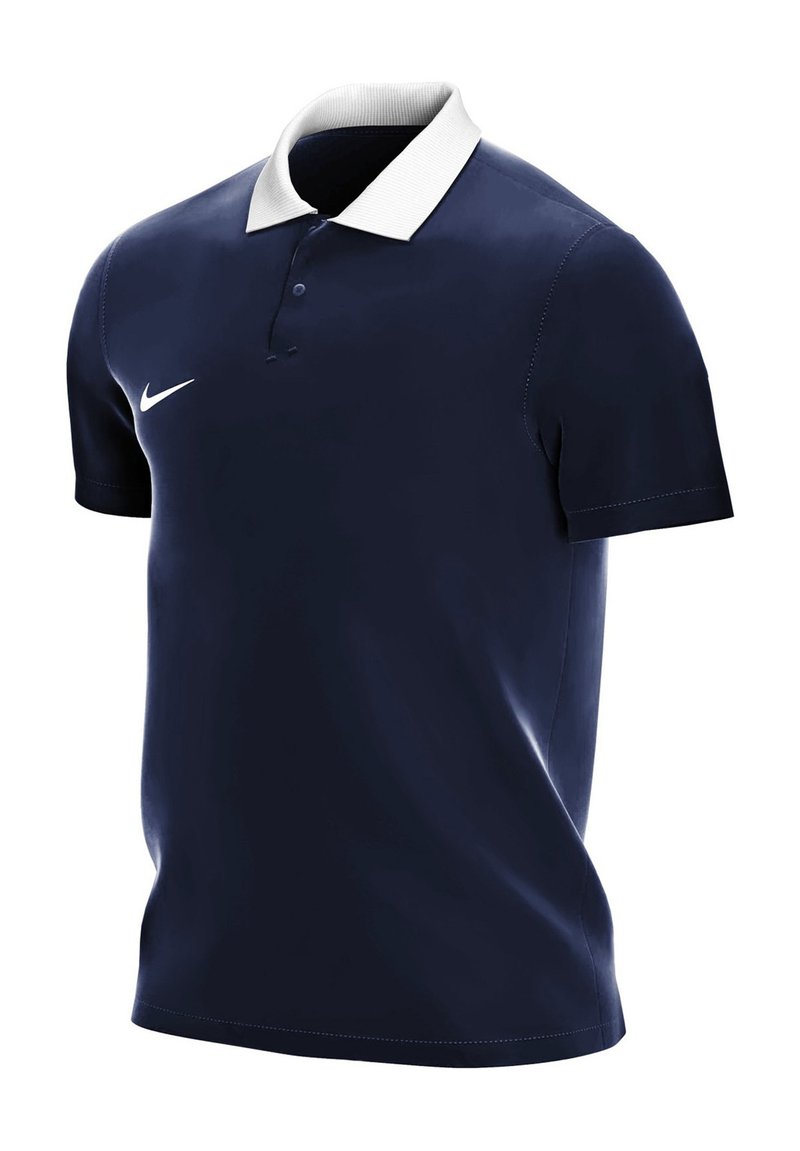 Dunkelblaues Polohemd mit einem weißen gerippten Kragen, kurzen Ärmeln und einem kleinen Nike-Logo auf der linken Seite. Glattes Gewebe und klassisches Design.