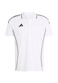 Polo shirt bianco in misto cotone, con accenti neri lungo le cuciture e una chiusura a tre bottoni. Logo Adidas sulla spalla sinistra.