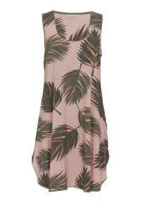 Mouwloze jurk van zacht, lichtgewicht stof met een lichtroze achtergrond en grote groene palmenbladerenprints, en een ronde hals.