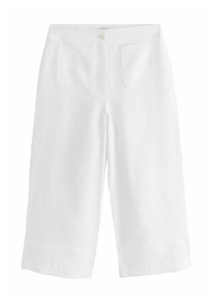 White knee-length shorts with front patch pockets, button closure, and wide leg cut, displayed flat on a white background.