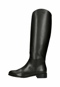 Stivali in pelle nera al ginocchio con finitura liscia, punta arrotondata, tacco basso e logo impresso nella parte superiore.