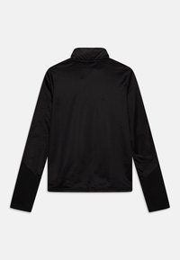 Czarna bluzka z długim rękawem i wysokim kołnierzem, wykonana z gładkiej tkaniny. Posiada dopasowany krój oraz kontrastujące panele na rękawach.