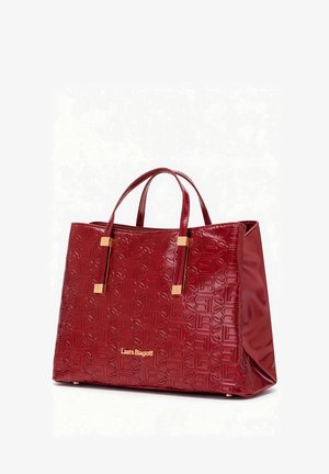 Borsa tote in pelle verniciata rossa con motivo logo a rilievo, finiture in metallo dorato, doppi manici e forma rettangolare strutturata.