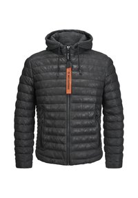 Schwarze gesteppten Jacke mit abnehmbarer grauer Kapuze, Reißverschluss, zwei Seitentaschen und einem Lederetikett. Strukturiertes Material mit glatter Oberfläche.