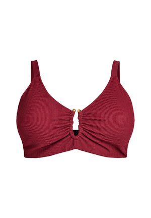 Rode textuurstoffen bralette met verstelbare schouderbandjes en gouden kraaldetail bij de sleutelgatuitspraak aan de voorkant.