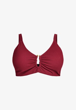Rød tekstureret stof-bh med justerbare skulderstropper og guldbede-detalje ved midtens nøglehulsudskæring foran.