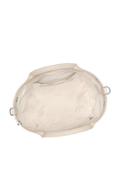 Beige handbag with a smooth exterior, sturdy handles, and an interior pocket. Features a subtle pattern and metal hardware accents.