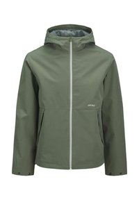 Giacca impermeabile verde oliva con cappuccio, dotata di zip frontale, due tasche e una texture liscia. Il logo del marchio è stampato sul davanti.