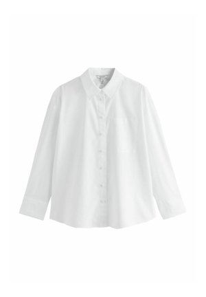 White long-sleeve button-up shirt with pointed collar, displayed flat against white background.