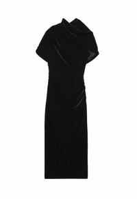 Čierne sametové šaty s drapovaným v�ýstrihom a krátkymi rukávmi, so zberaním na trupe a priliehavým strihom.