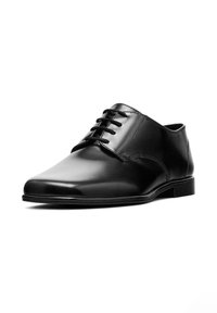 Chaussure habillée en cuir noir avec une finition brillante, bout arrondi, six œillets pour les lacets et une semelle profilée basse. Texture lisse avec un minimum de coutures.