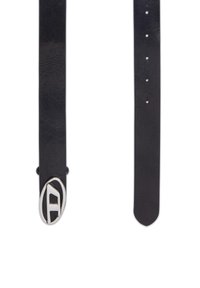 Black leather belt with a silver oval buckle featuring a stylized letter "A." The strap has multiple adjustment holes for sizing.