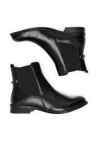 Melnas potītes zābaki, kas izgatavoti no gludas ādas, ar elastīgām sānu paneļiem, zemu sakrautu papēdi un dekoratīvām aparatūras detaļām.