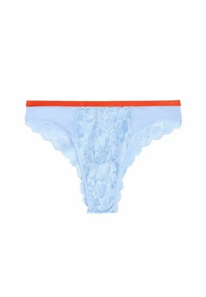 Ljusblåt thong med blommönstrad spetsdesign, en orange midjeband och vågiga kanter. Tillverkad av mjukt tyg med intrikata spetss detaljer.