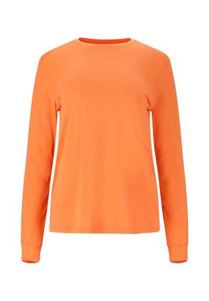 Feloranje lange mouw shirt met ronde hals, eenvoudig ontwerp en subtiele tekst op de rechter schouder, getoond op een witte achtergrond.