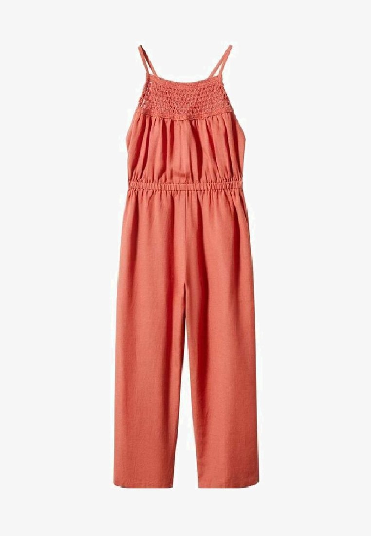 Combinaison corail à fines bretelles, corsage froncé, taille élastique et coupe à jambes larges. Confectionnée dans un tissu léger.