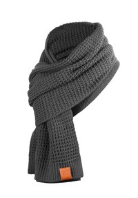 Dark gray knitted scarf with a textured weave. Features a leather tag with an embossed logo. Ends are fringed. Simple and functional design.