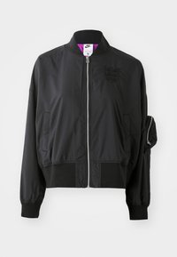 Black bomber jacket with a zip front, stand-up collar, elastic cuffs, and a side pocket. Features a sleek, smooth texture and subtle branding.