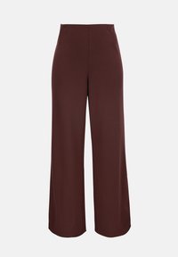 Pantalon taille haute à jambes larges en tissu uni marron foncé avec un devant épuré sans poches visibles ni ornements.