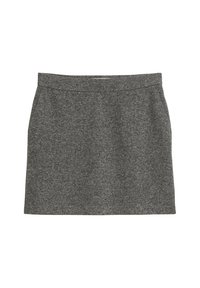 Grauer Woll-Minirock mit geradem Schnitt, der eine glatte Textur und einen sauberen Taillenbund aufweist. Keine sichtbaren Muster oder Verzierungen.