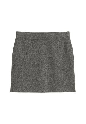 Grijze wollen minirok met een rechte snit, met een gladde textuur en een schone tailleband. Geen zichtbare patronen of versieringen.