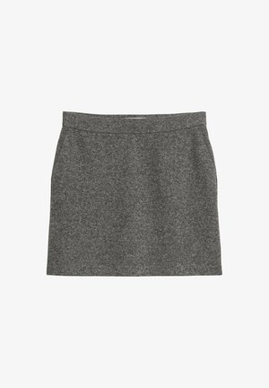 Grijze wollen minirok met een rechte snit, met een gladde textuur en een schone tailleband. Geen zichtbare patronen of versieringen.