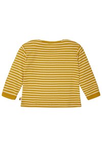 Maglietta a maniche lunghe con una texture a coste, caratterizzata da righe orizzontali gialle e bianche e un collo rotondo.