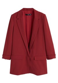 Blazer rouge ajusté avec une fermeture à un bouton, revers crantés et deux poches avant. Fabriqué en tissu lisse avec une coupe structurée.