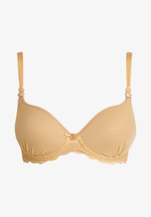 Beige gevoerde beha met kantafwerking, verstelbare bandjes en een strikaccent in het midden. Glad materiaal met een naadloos ontwerp.