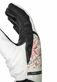 Schwarze Leder- und weiße Softshell-Handschuhe mit roten und schwarzen geometrischen Mustern. Verfügt über Daumen- und Fingerabschnitte sowie verstärkte Nähte.