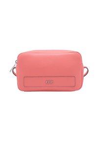Borsa cosmetica rosa corallo in pelle texturizzata, forma rettangolare, con chiusura a zip e un accento del logo distintivo.
