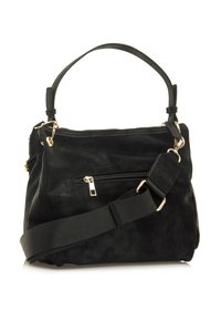 Borsa a mano in suede nera con design strutturato, manico corto e tracolla removibile. Presenta accessori in metallo color dorato e una tasca con zip.