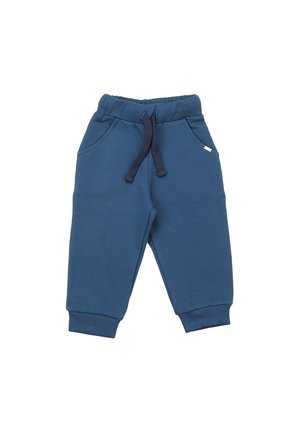 Blaue Baumwoll-Sweatpants mit elastischem Taillenbund, verstellbarem Kordelzug, zwei Seitentaschen und gerippten Bündchen. Einfaches Design, keine Muster.