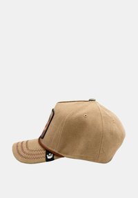 Gorra de béisbol caqui con visera curvada, tejido texturizado, bordado en contraste a lo largo de la visera y un parche con el logotipo en el lateral.