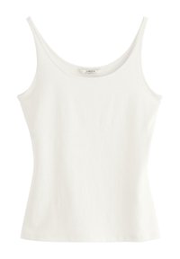 Hvid bomulds tanktop med en rund halsudskæring og tynde skulderstropper. Glat tekstur og tætsiddende design, ingen synlige mønstre eller detaljer.