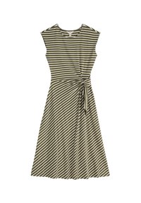 Olivenfarbes Kleid mit horizontalen weißen Streifen. Verfügt über ein tailliertes Oberteil, kurze Ärmel und ein dekoratives Knoten-Detail an der Taille. A-Linie Rock.