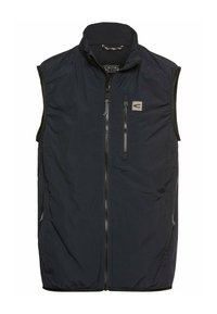 Granatowa bezrękawnik z wysokim kołnierzem, zamek błyskawiczny z przodu i dwoma bocznymi kieszeniami. Zawiera małą naszywkę z logo na klatce piersiowej. Lekki materiał.