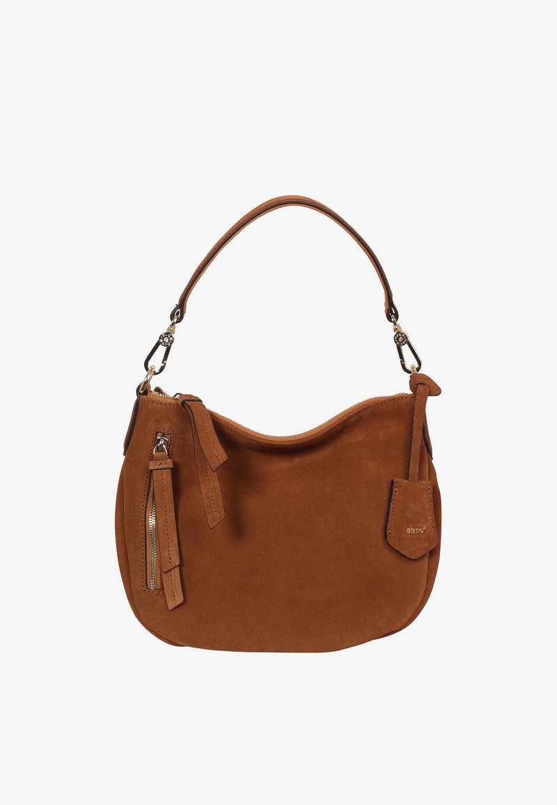 Braune Handtasche aus Wildleder mit geschwungener Form, Reißverschluss oben, Seitentasche mit Reißverschluss und kurzem Leder-Schulterriemen.