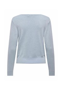 Helleblauer Strickpullover mit langen Ärmeln, rundem Ausschnitt und geripptem Saum. Glatte Textur und schlichtes Design, geeignet zum Schichten.