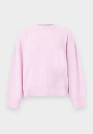 Pull rose pâle à manches longues avec col rond, poignets et ourlet côtelés, présenté sur un fond blanc uni.