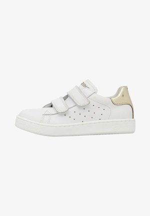 White sneakers with a smooth leather finish, two hook-and-loop straps, perforated sides, and a gold accent at the heel. Rubber sole.