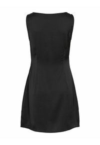 Robe noire sans manches avec une texture satinée lisse, présentant un col rond et une silhouette ajustée qui s'évase légèrement à l'ourlet.