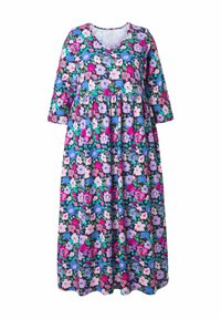 Květinové maxi šaty s tříčtvrtečními rukávy, zdobené živým vzorem fialových, růžových, modrých a zelených květin na tmavém pozadí.