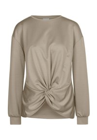 Beige Langarmoberteil aus weichem Stoff mit Rundhalsausschnitt. Hat ein verdrehtes Knotendetail an der Taille und elastische Bündchen.