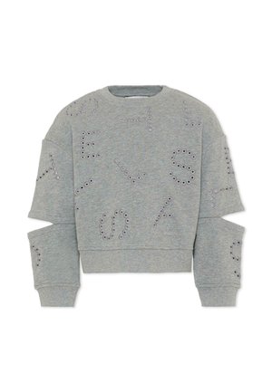 Sweatshirt gris avec lettres découpées et détails œillets dispersés sur le devant et les manches, doté d'un col ras du cou et de poignets côtelés.